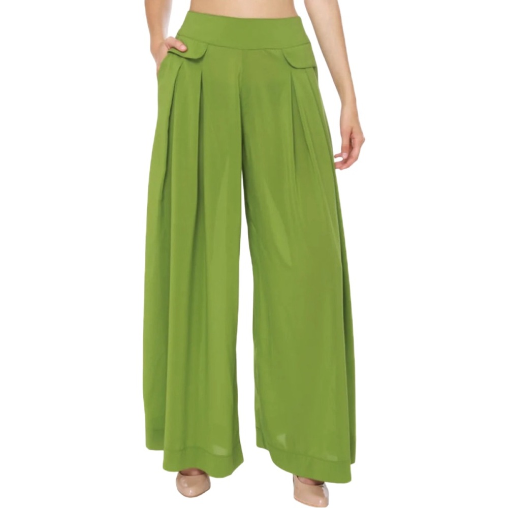 Wide-Leg High Rise Lightweight Pants with Side Pockets - Green - Size M